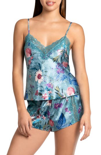 In Bloom By Jonquil Joelle Floral Lace Trim Satin Short Pajamas In Blue
