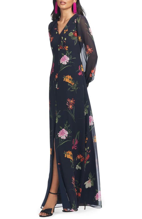 Shop Sachin & Babi Penny Long Sleeve Gown In Dark Midnight Bouquet