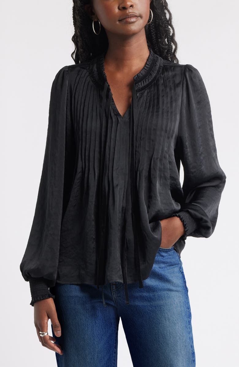 Treasure & Bond Pintuck Satin Top, Main, color, Black