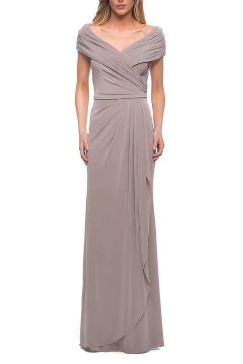Ruched Jersey Long Gown with V-Neckline