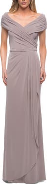La Femme Ruched Jersey Long Gown with V-Neckline