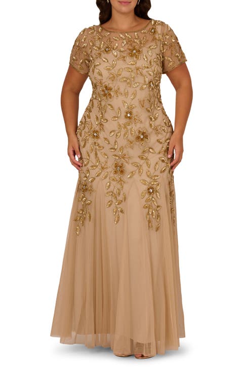 Beaded Floral Godet Gown (Plus)