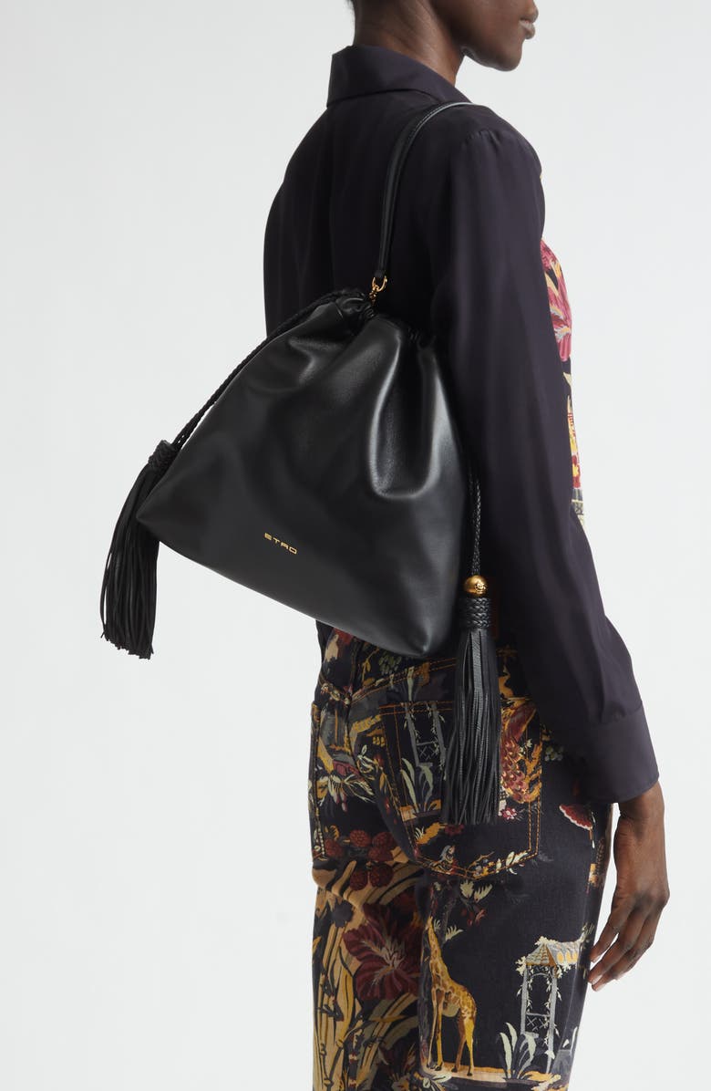 Etro Medium Kalispera Tassel Leather Shoulder Bag, Alternate, color, Black