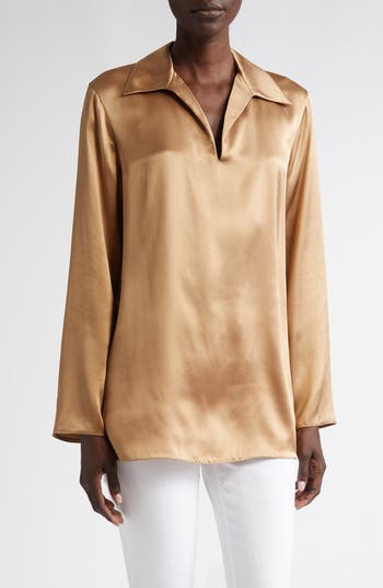 Lafayette 148 New York Silk Charmeuse Popover Top In Brown