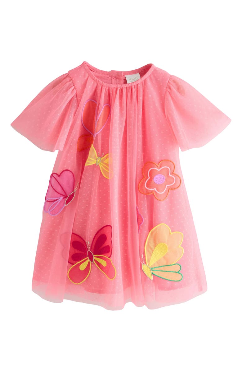 NEXT Kids' Butterfly Appliqué Mesh Party Dress, Main, color, Coral Butterfly