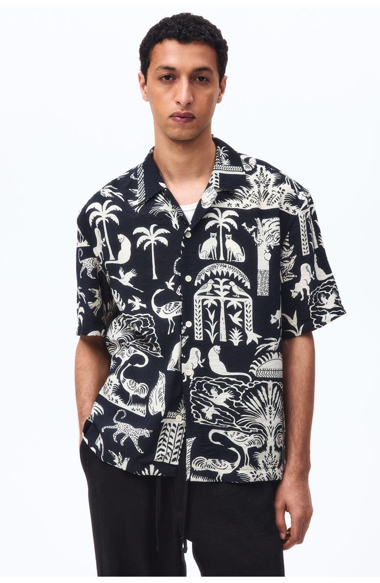 H&M Relaxed Fit Printed Resort Shirt, Alternate, color, Black