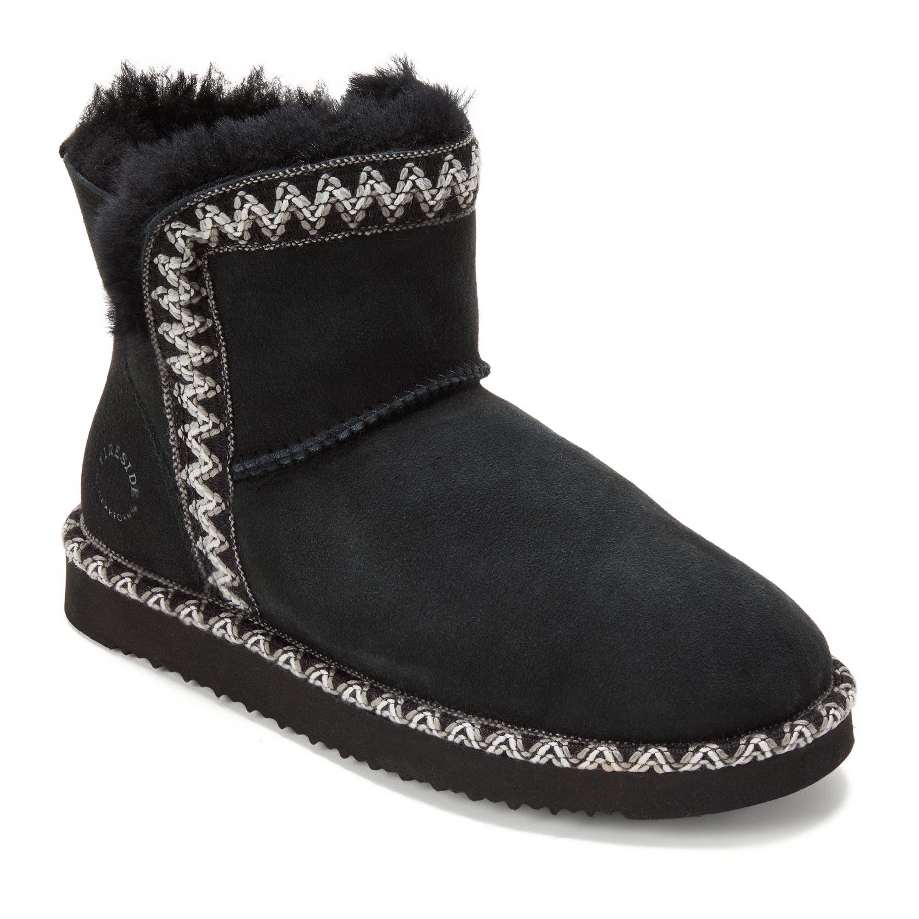 DEARFOAMS Fireside Perth Genuine Shearling Fold Down Bootie with Embroidery, Main, color, Black