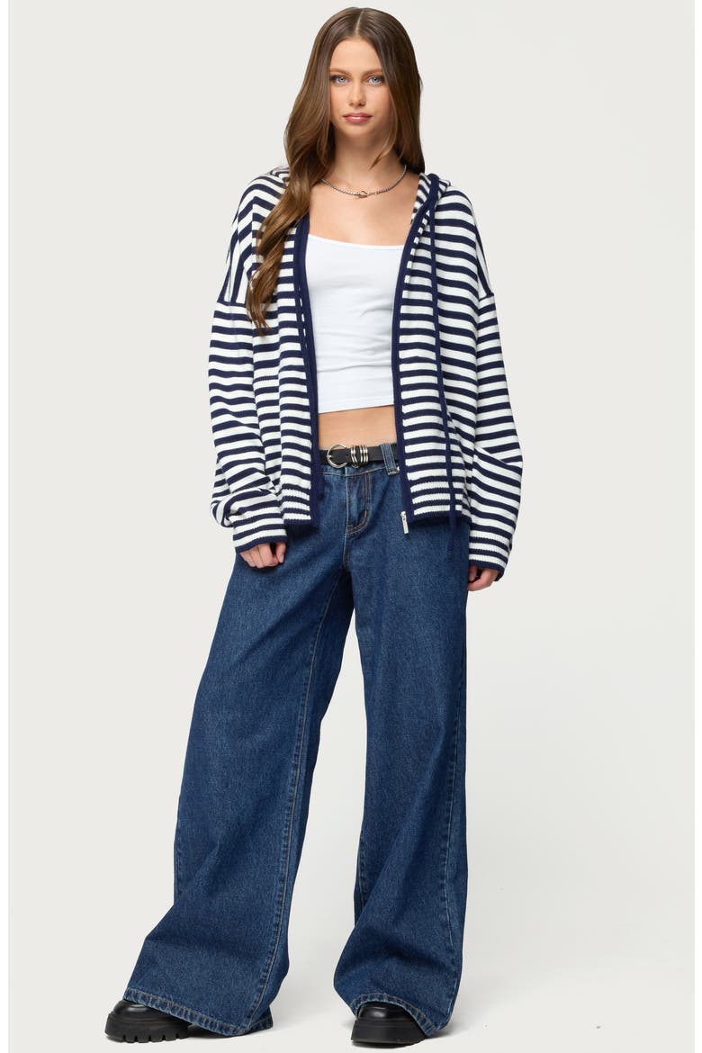 Safari Stripe Knit Zip Front Hoodie, Alternate, color, NAVY-AND-WHITE