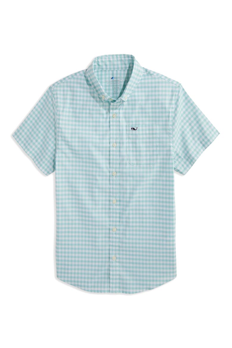 Kids' On-The-Go brrr° Short Sleeve Cotton Button-Down Shirt, Main, color, AQUA HAZE GINGHAM
