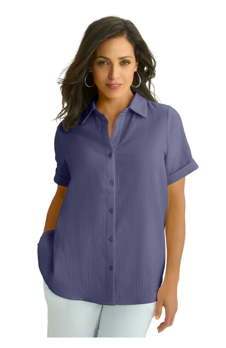 Jessica London Cotton Gauze Camp Shirt, Main, color, White