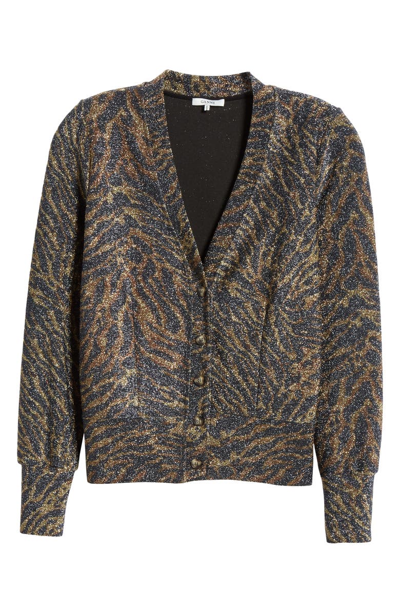 Ganni Tiger Print Metallic Jersey Cardigan, Alternate, color, 