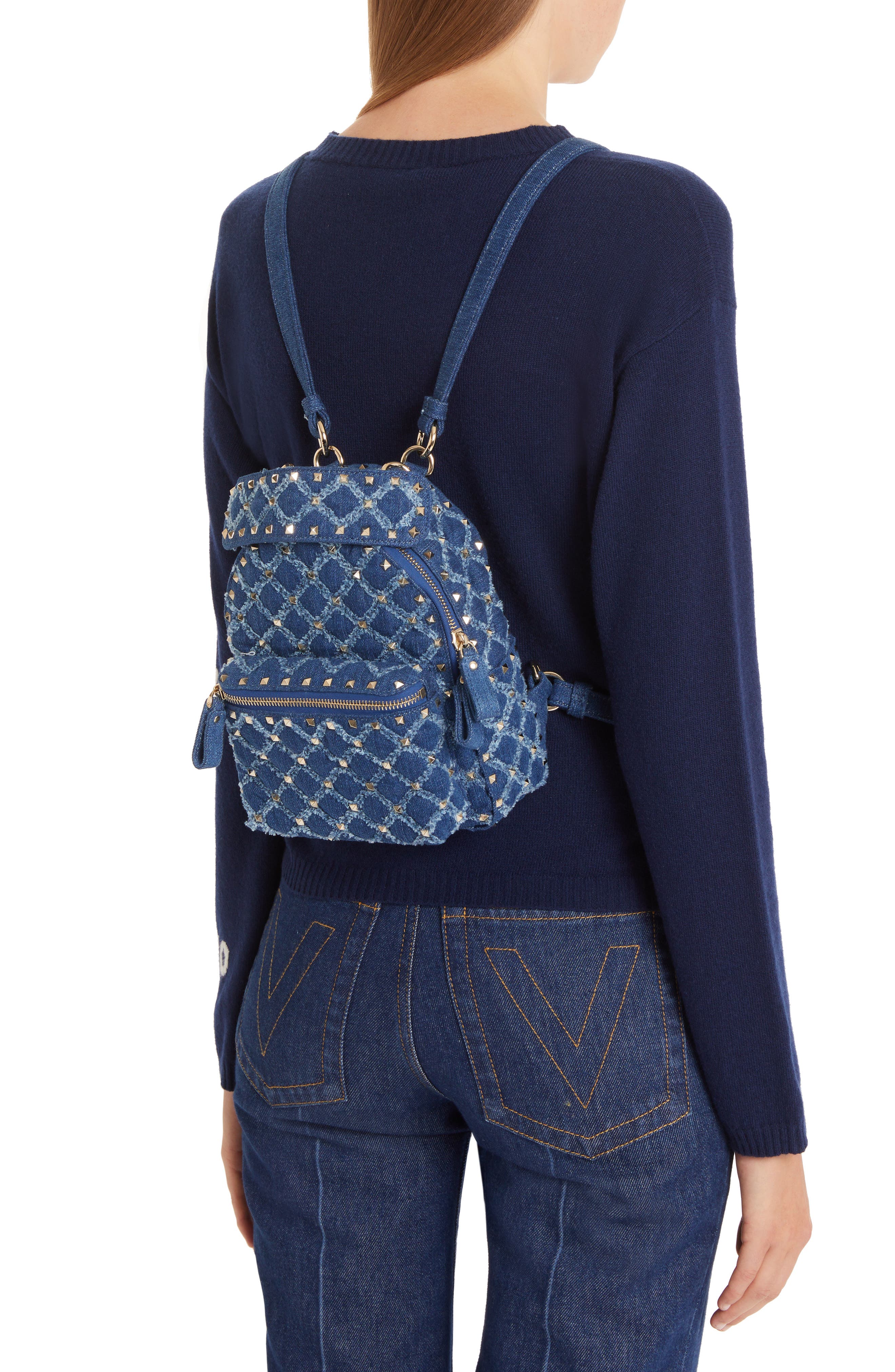 Valentino Garavani Mini Rockstud Spike Denim Backpack, Alternate, color, 