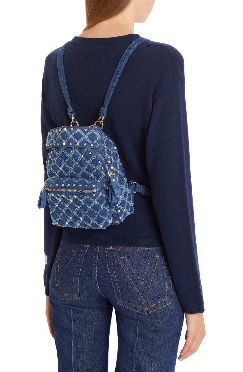 Valentino Garavani Mini Rockstud Spike Denim Backpack, Alternate, color,