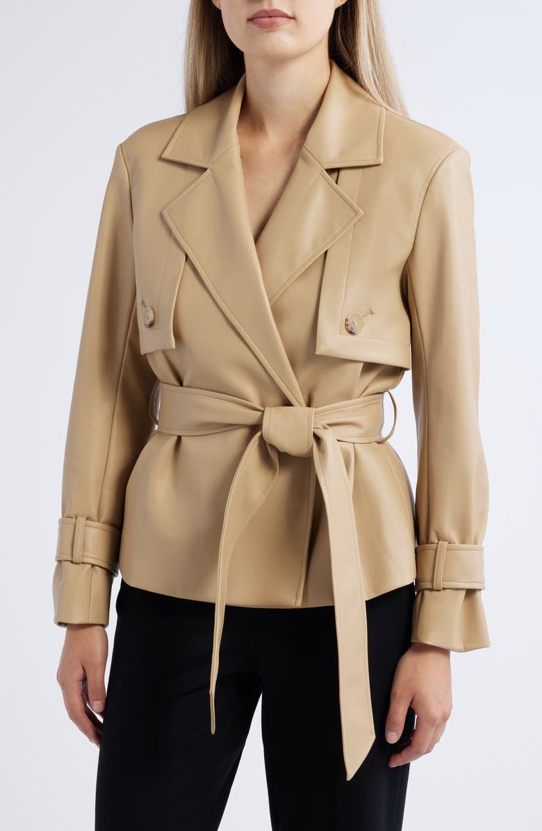 Anne Klein Faux Leather Short Belted Trench Coat, Main, color, 