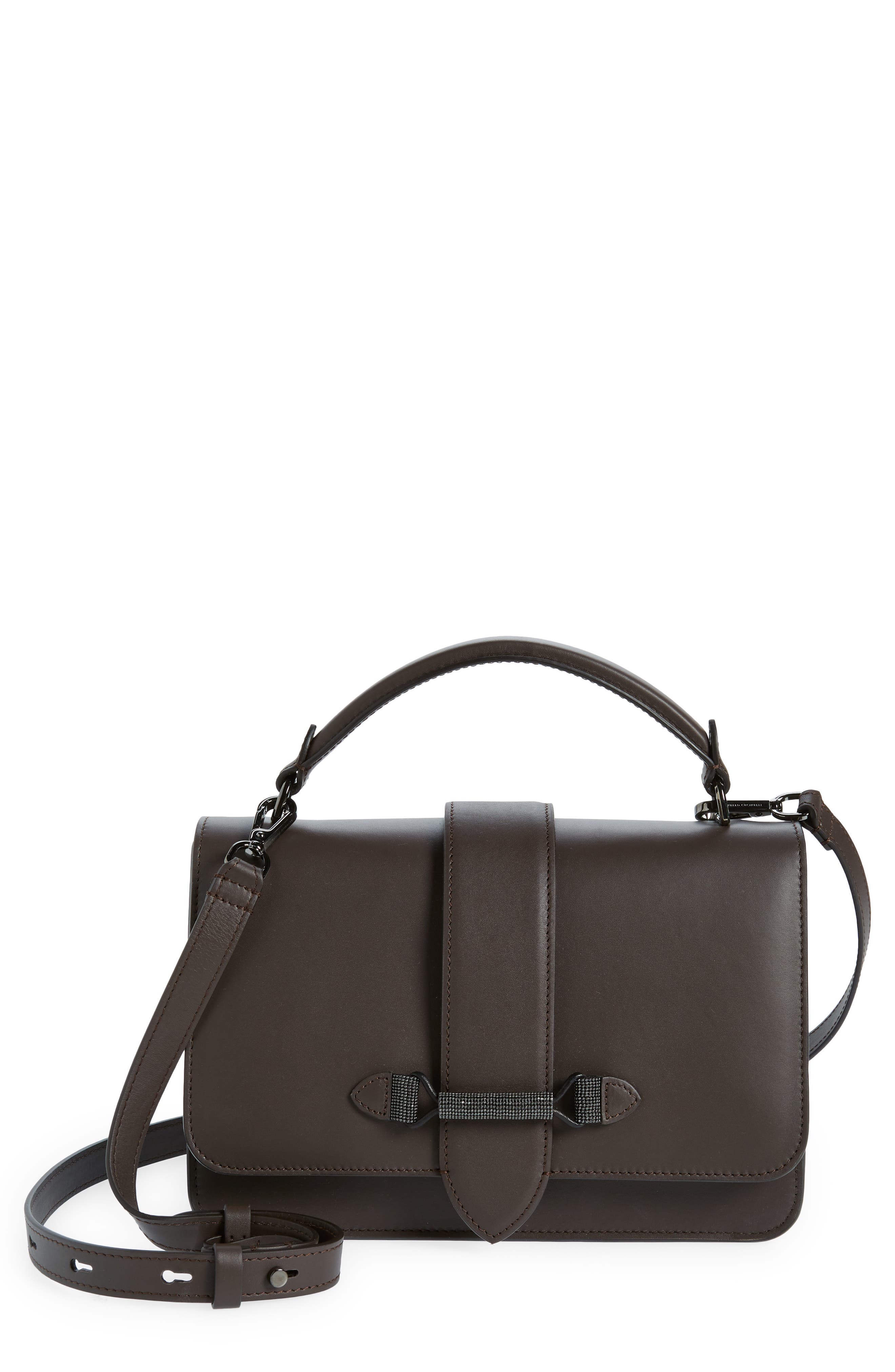 Brunello Cucinelli Medium Monili Trim Leather Top Handle Bag, Main, color, 