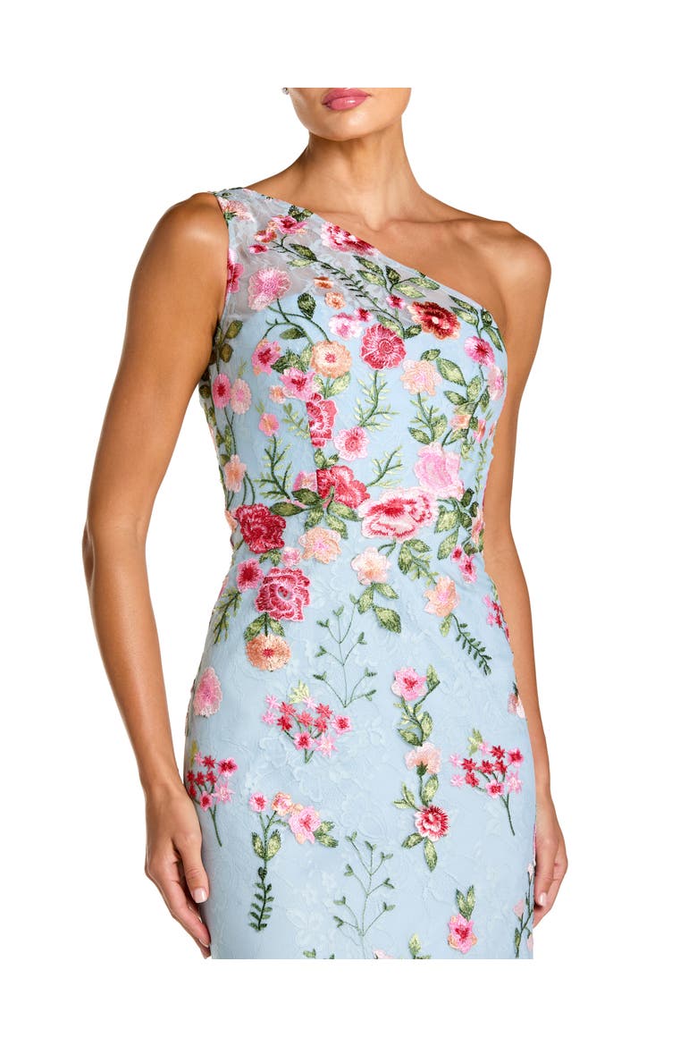 Petite One Shoulder Lace Embroidered Gown, Alternate, color, Powder Blue Multi