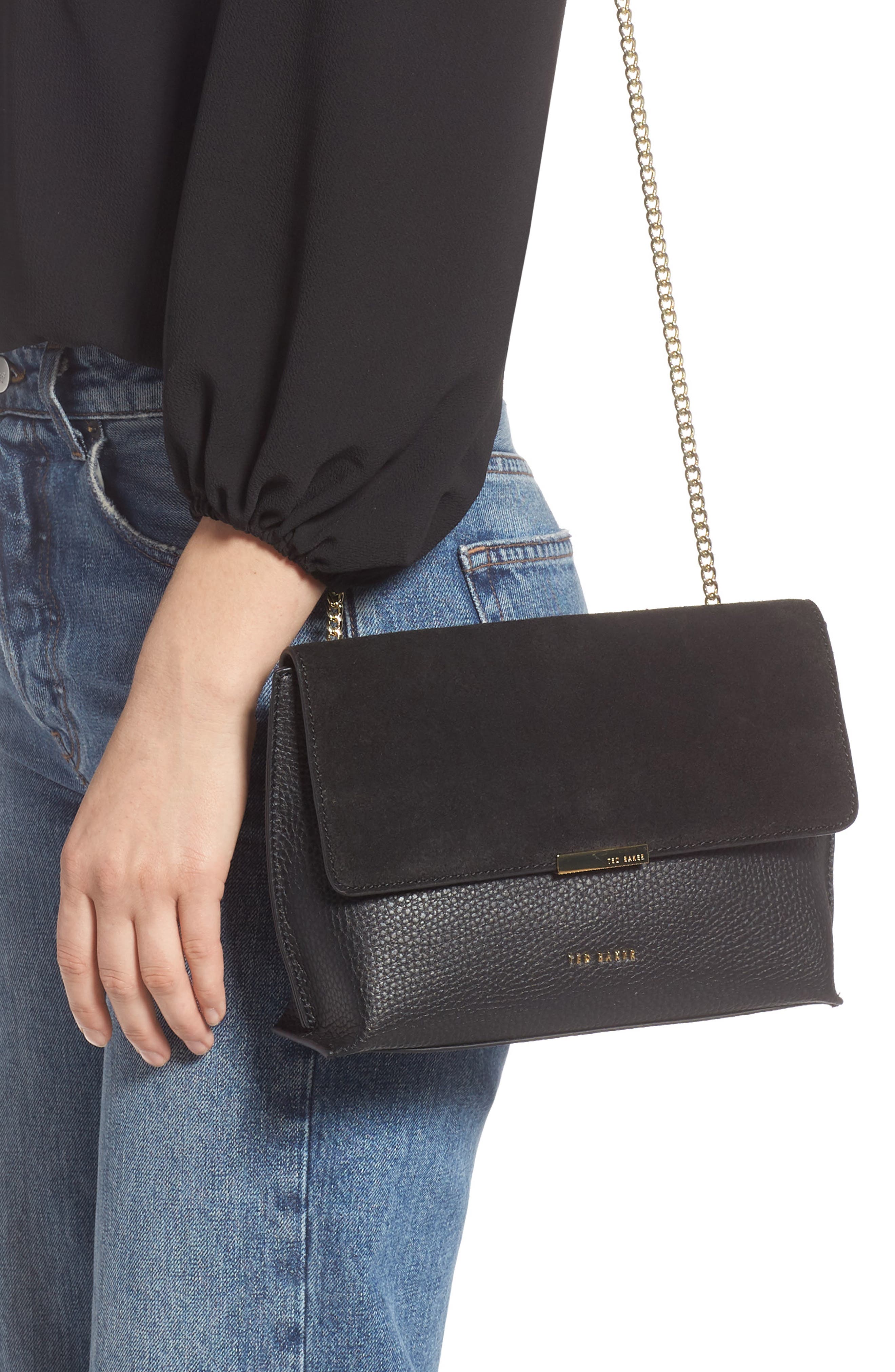 Ted Baker London Lisa Bar Detail Suede & Leather Crossbody Bag, Alternate, color, 