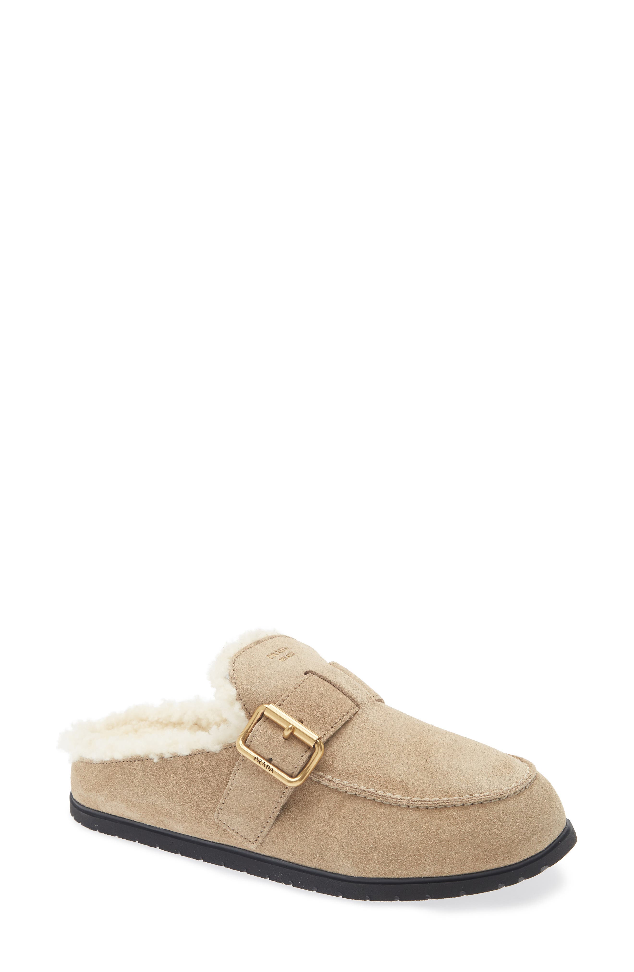Genuine Shearling Buckle Mule, Main, color, DESERTO