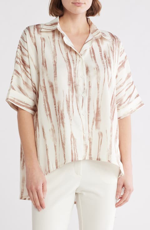 Patterned High-Low Button-Up Shirt