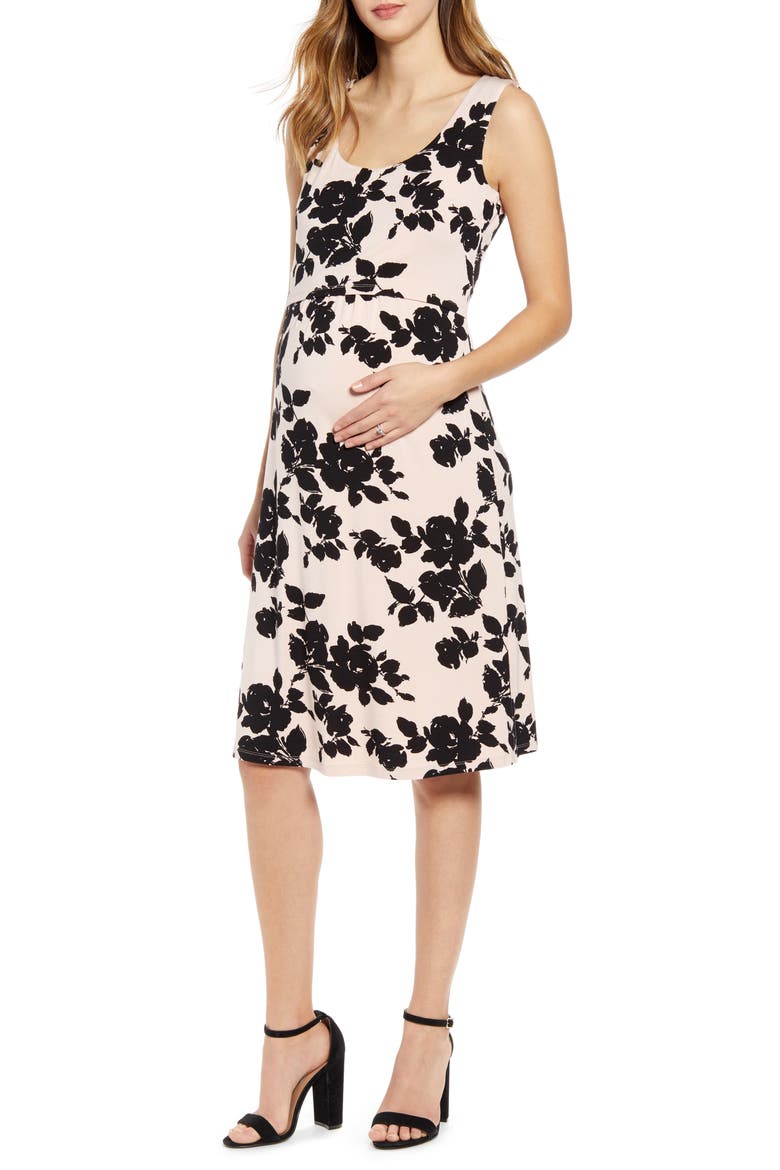 Body-Con Maternity/Nursing Dress, Main, color, PINK/ BLACK PRINT