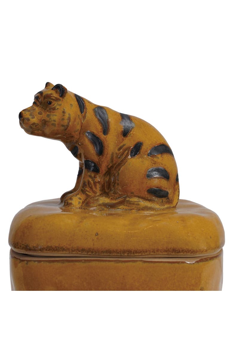 Stoneware Jar with Tiger Handle and Lid with Reactive Glaze, Orange, Alternate, color, Orange