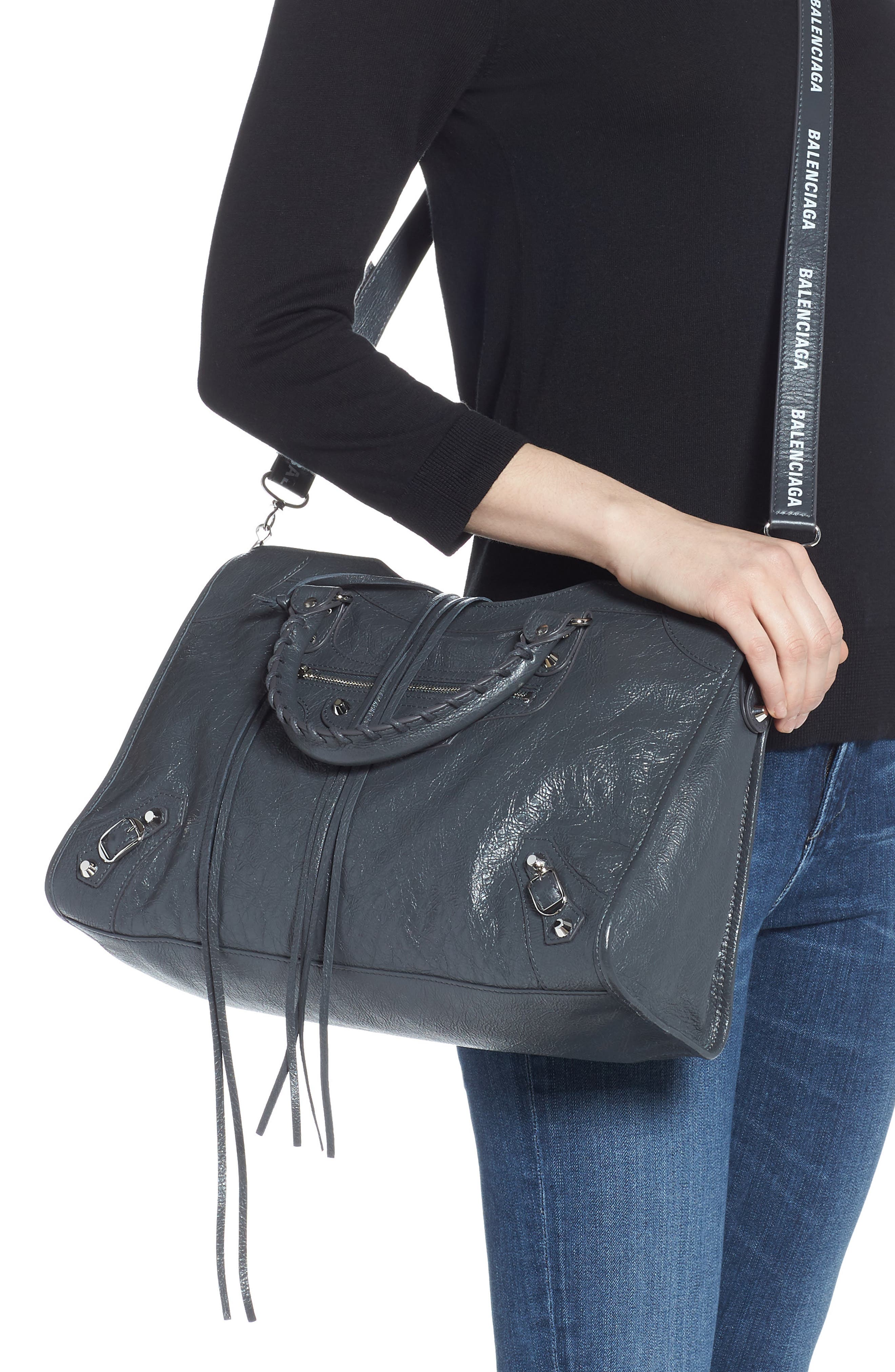 Classic City AJ Logo Strap Leather Tote, Alternate, color, DARK GREY/ WHITE