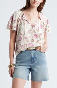 Treasure & Bond Shirred Botanical Print Linen Blend Top