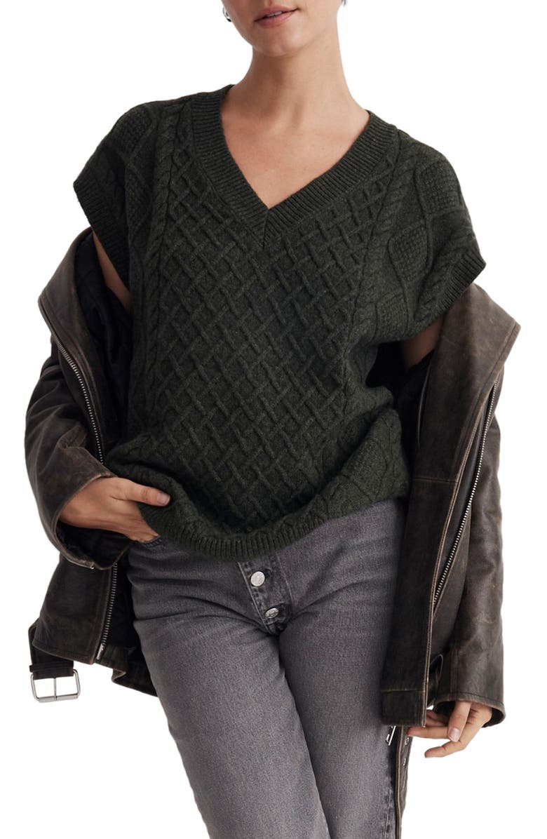Madewell Cable Knit Wool Blend V-Neck Sweater Vest, Main, color,