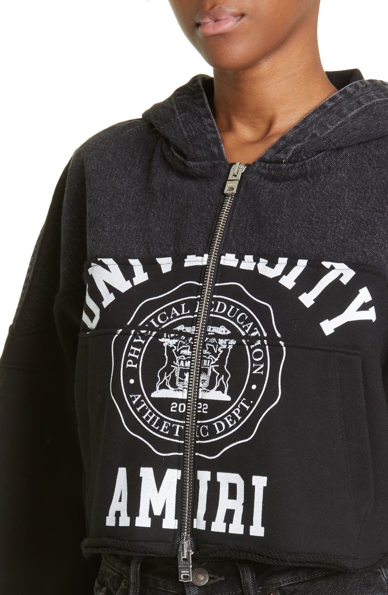 AMIRI Hybrid Denim & Terry Graphic Zip Crop Hoodie, Alternate, color, 