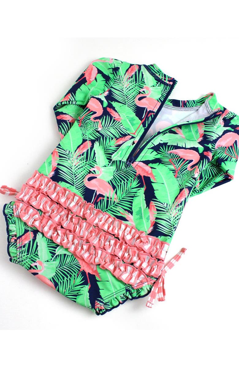 RuffleButts Long Sleeve UPF50 One Piece Rash Guard, Alternate, color, Flamingo Frenzy