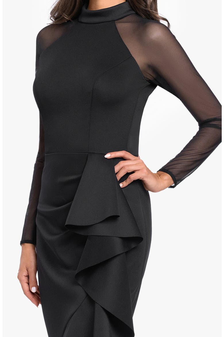 Scuba & Mesh Long Sleeve High-Low Gown, Alternate, color, BLACK