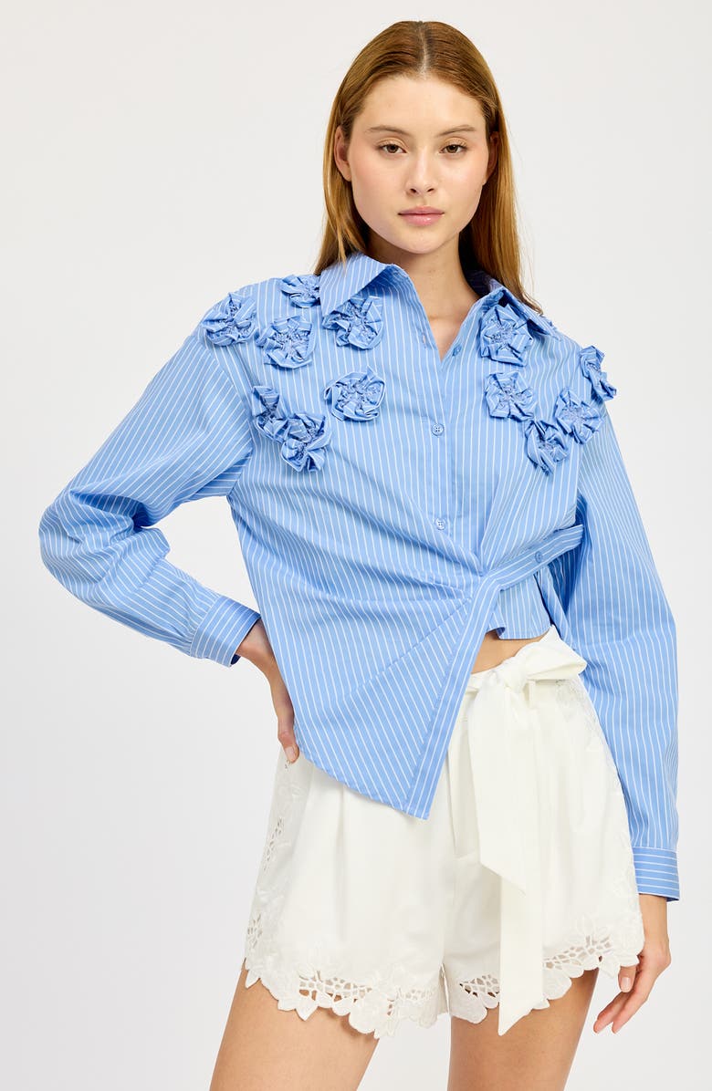 En Saison Lilith Stripe 3D Flower Asymmetric Button-Up Shirt, Alternate, color, 