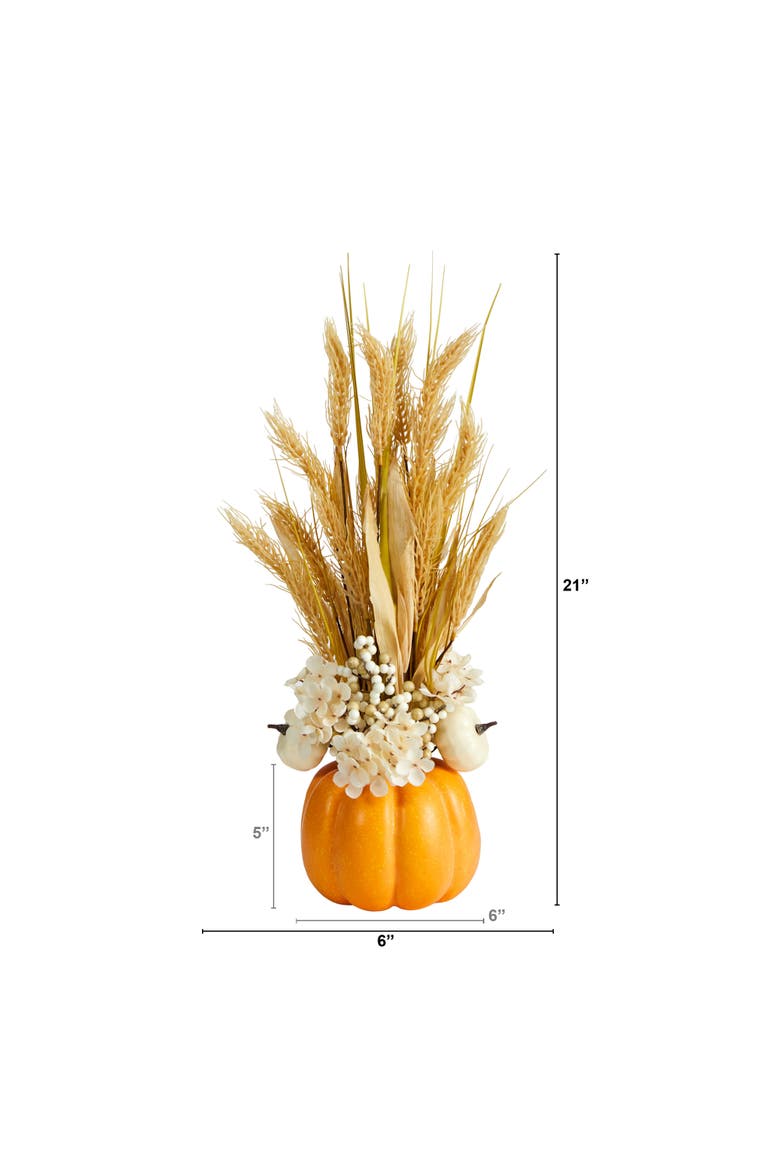21-in Autumn Dried Wheat and Pumpkin Artificial Fall Arrangement in Decorative Pumpkin Vase, Alternate, color, Orange