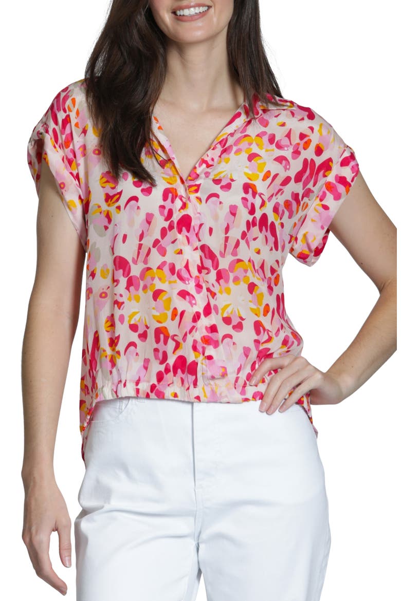 Print Wrap Front Cotton High-Low Top, Main, color, PINK MULTI