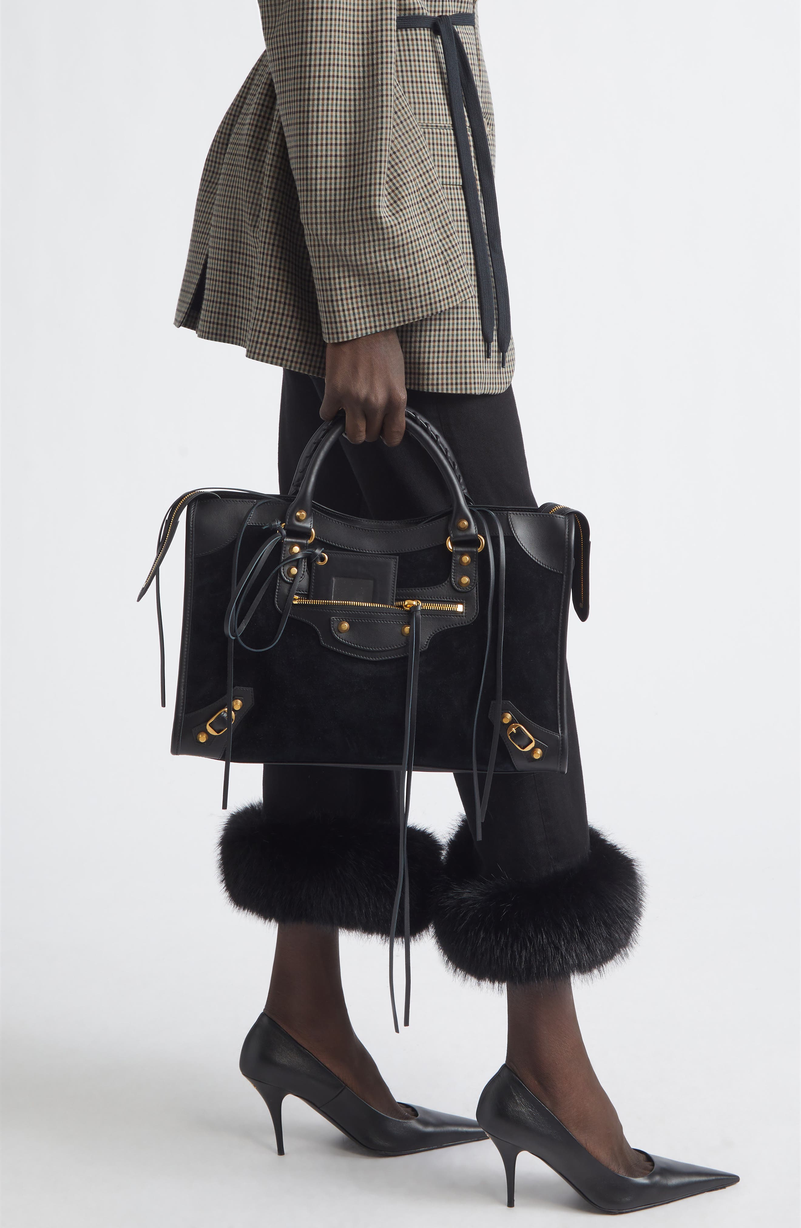 Balenciaga Medium Le City Suede Satchel, Alternate, color, 1000 Black