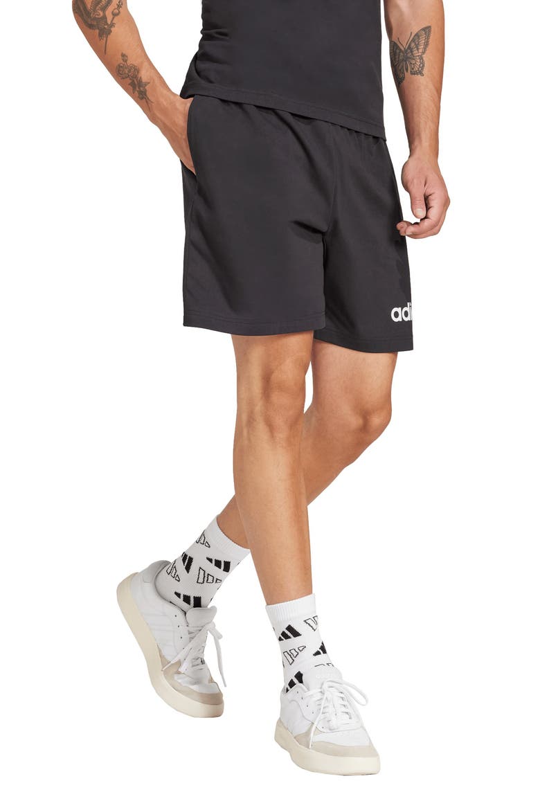 Essentials Linear Single Jersey Shorts, Alternate, color, BLACK/ WHITE