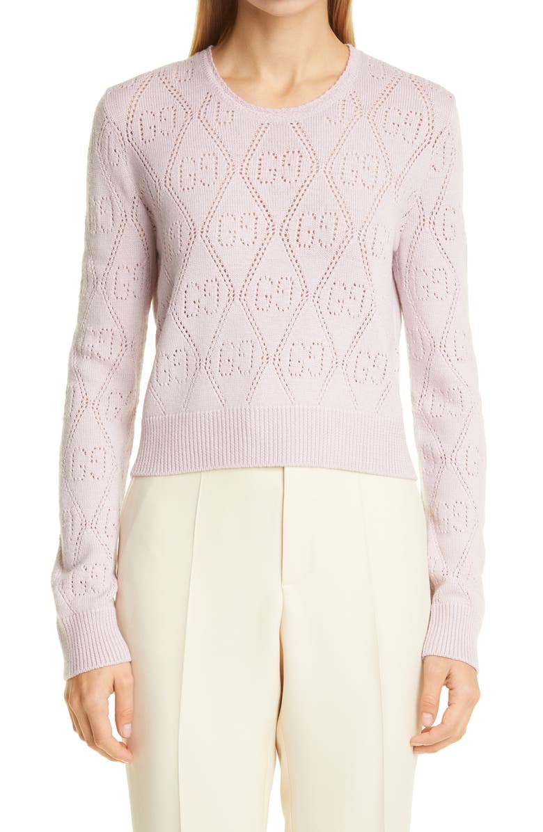 Gucci GG Logo Pointelle Wool Crop Sweater, Main, color,