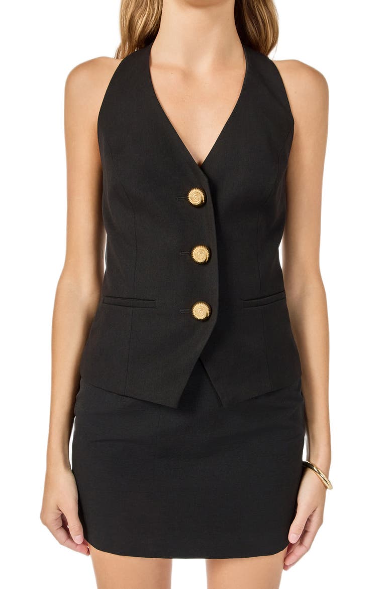 Novelty Button Cotton Blend Halter Neck Vest, Alternate, color, BLACK