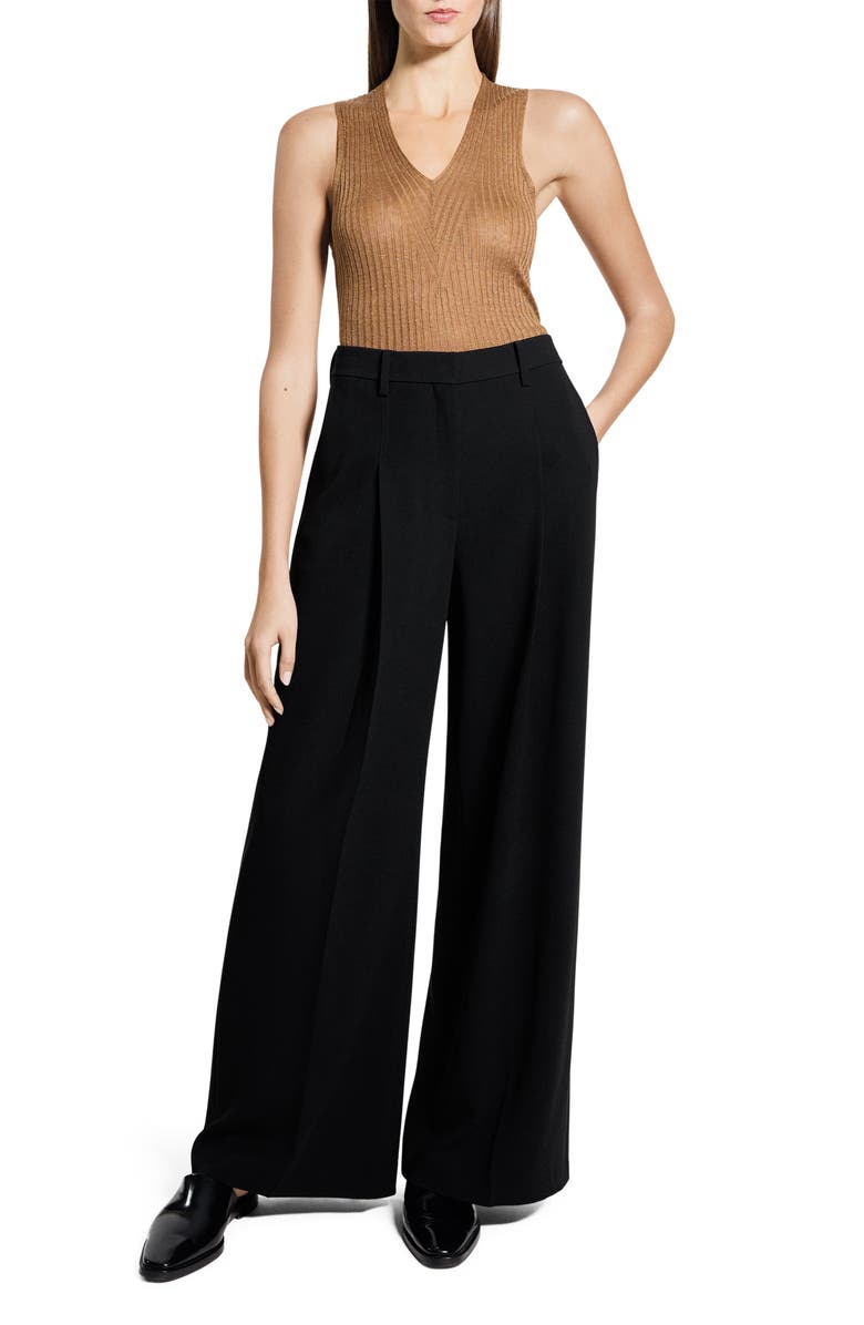 Theory Pleated High Rise Wide Leg Pants, Alternate, color, Black