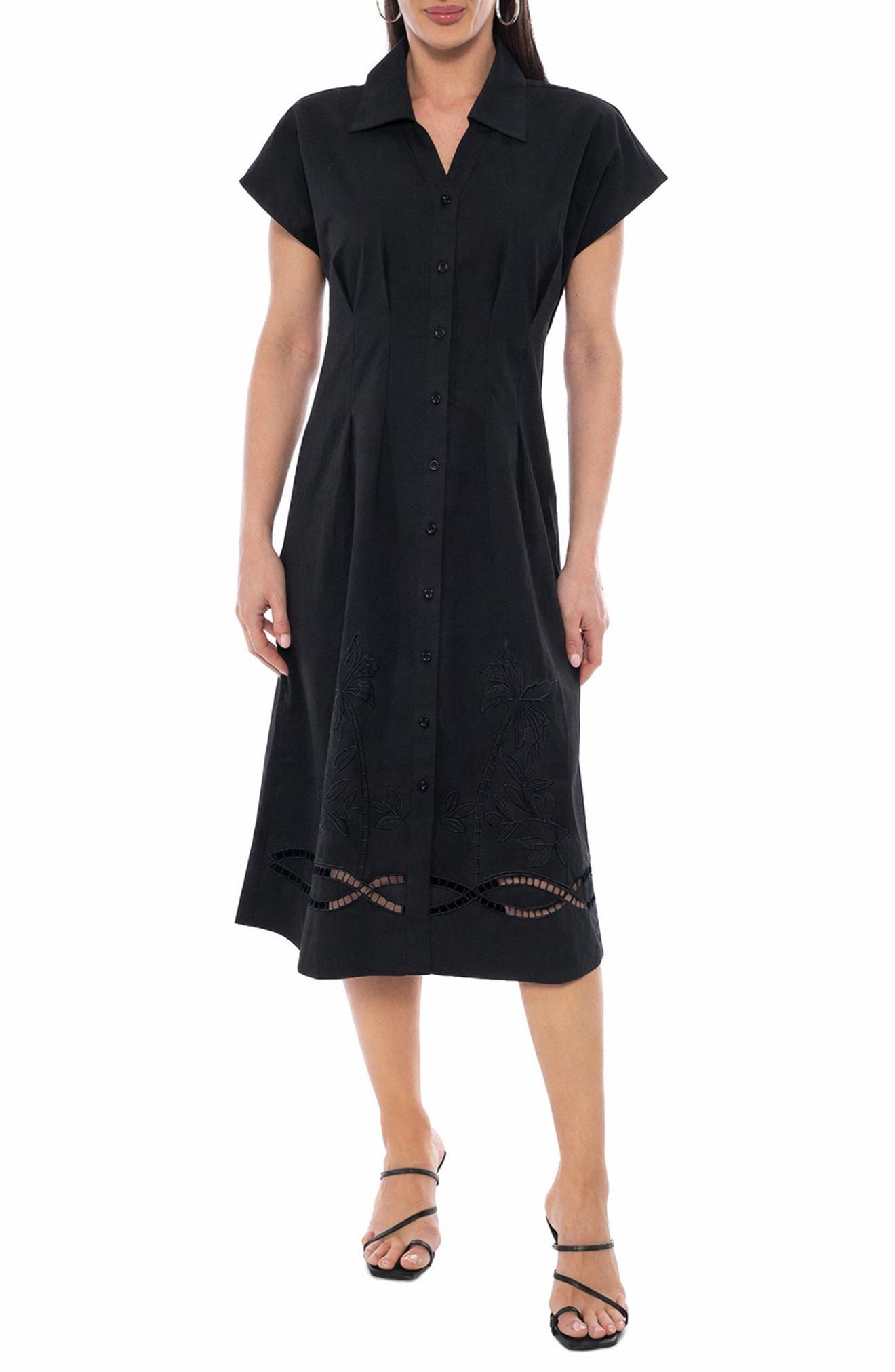 TASH AND SOPHIE Embroidered Short Sleeve Midi Shirtdress