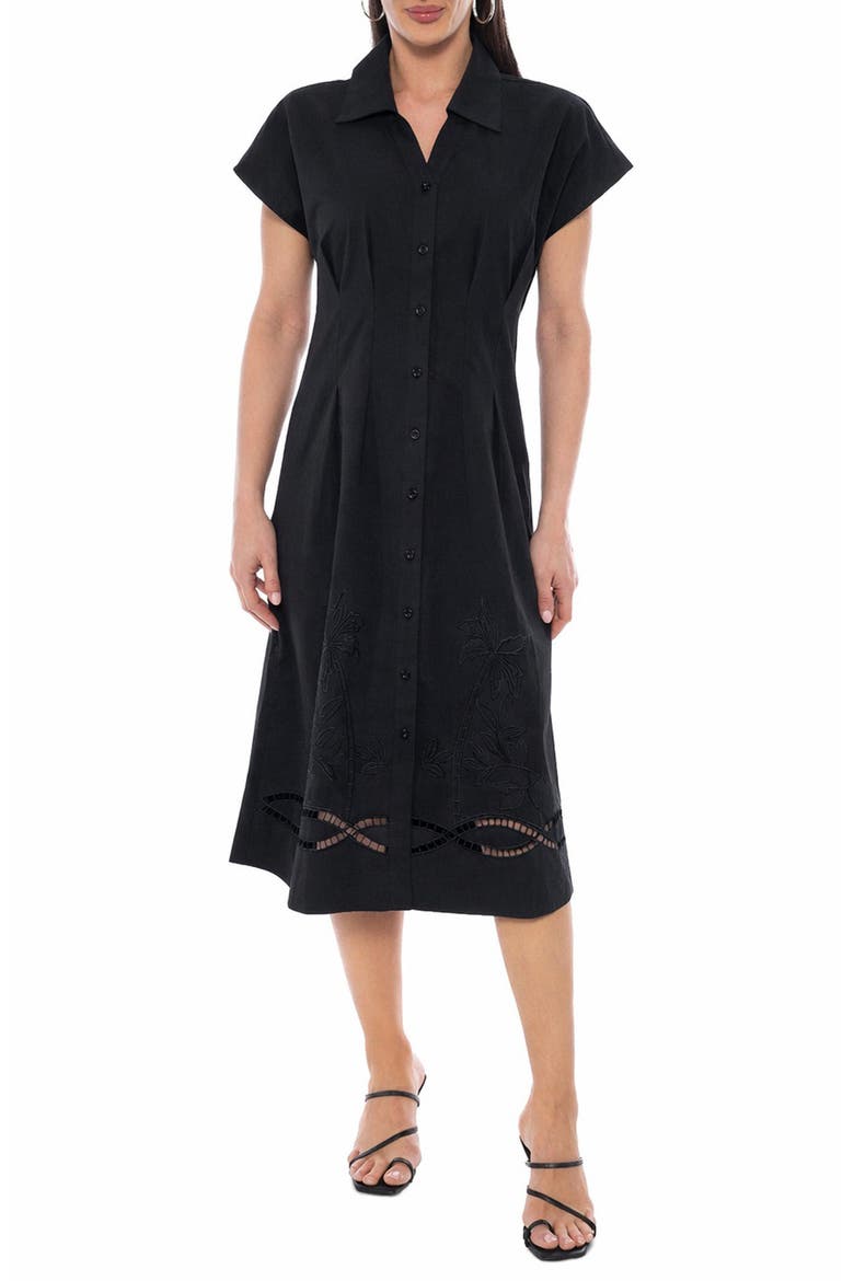 Embroidered Short Sleeve Midi Shirtdress, Main, color, BLACK