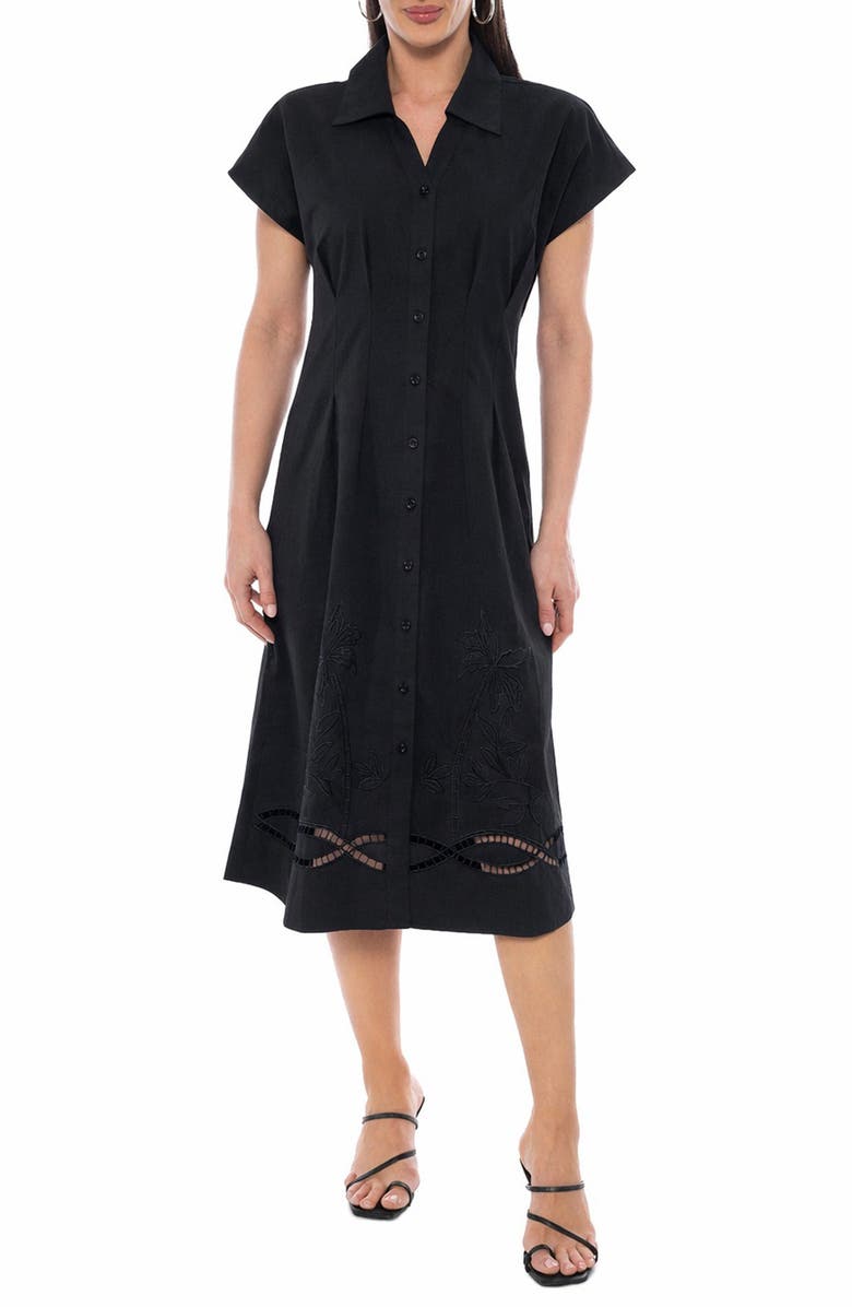 TASH AND SOPHIE Embroidered Short Sleeve Midi Shirtdress, Main, color, Black