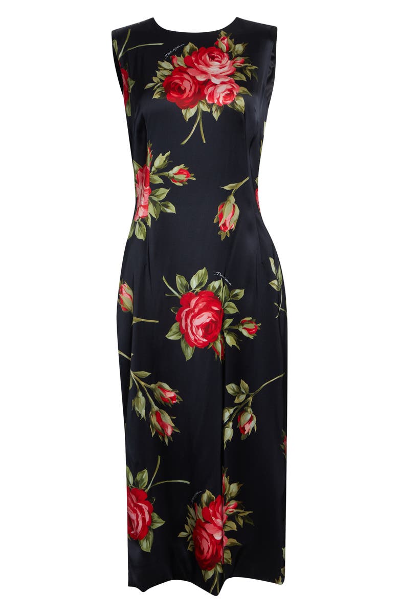 Dolce&Gabbana Rose Bouquet Print Stretch Satin Cocktail Dress, Main, color, Bouquet Rose Nero
