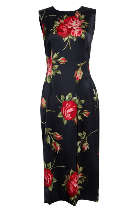 Rose Bouquet Print Stretch Satin Cocktail Dress
