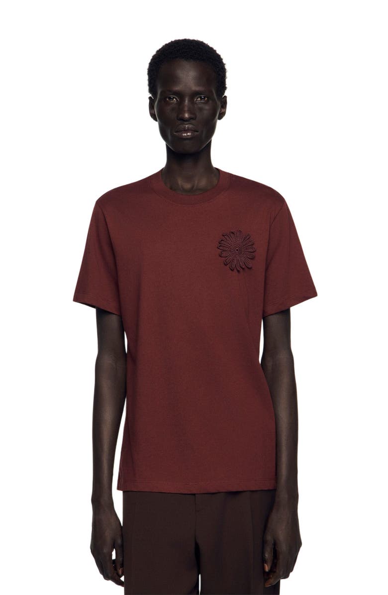 SANDRO Cotton crochet flower T-shirt, Main, color, Chocolate