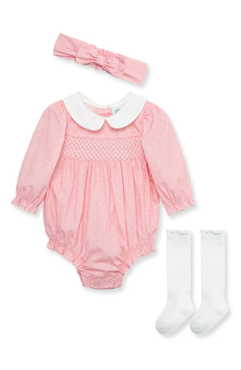 Little Me Smocked Dot Print Cotton Bubble Romper, Headband & Socks Set, Main, color, 