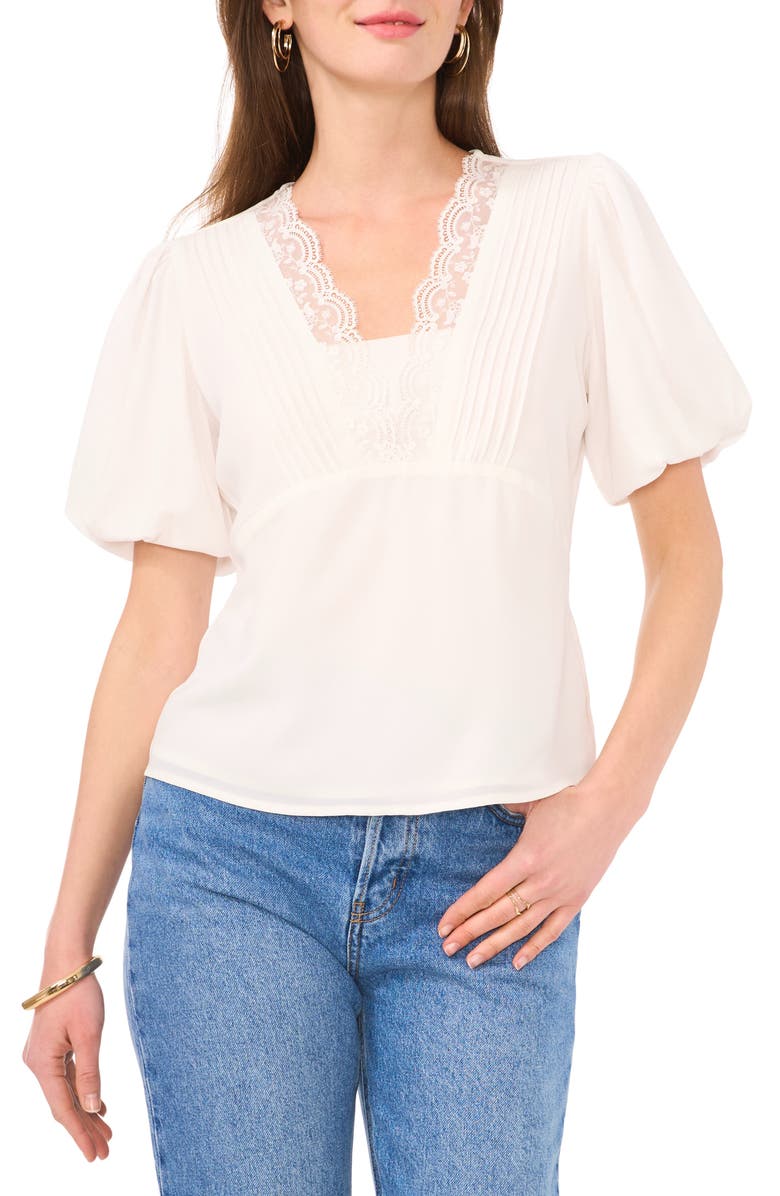 Vince Camuto Lace Pintuck Puff Sleeve Top, Main, color, New Ivory