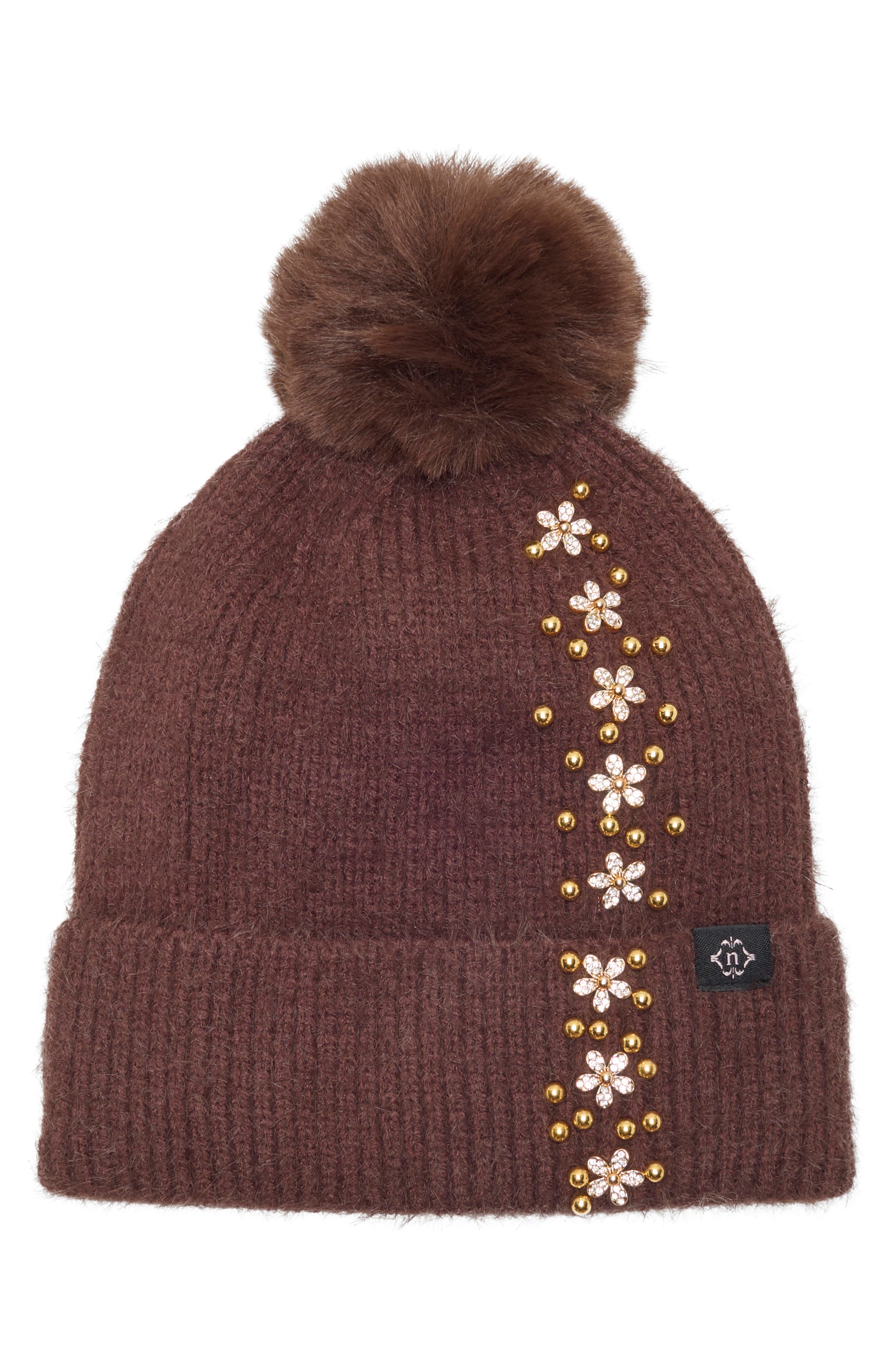 Side Embellished Beanie with Faux Fur Pom