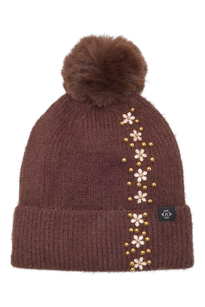 Side Embellished Beanie with Faux Fur Pom, Main, color, BROWN