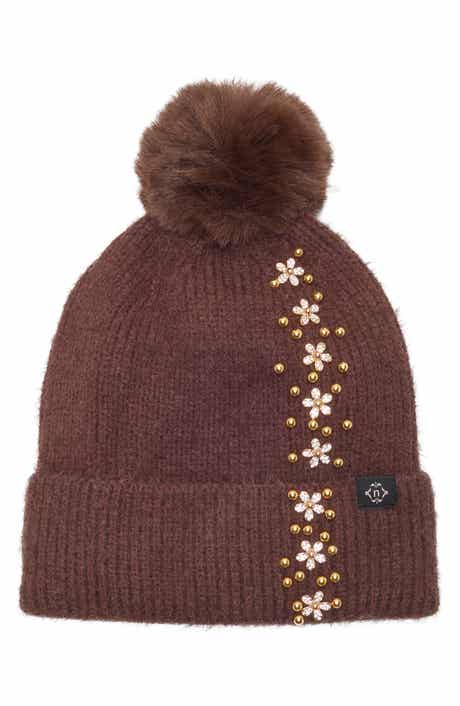 Side Embellished Beanie with Faux Fur Pom